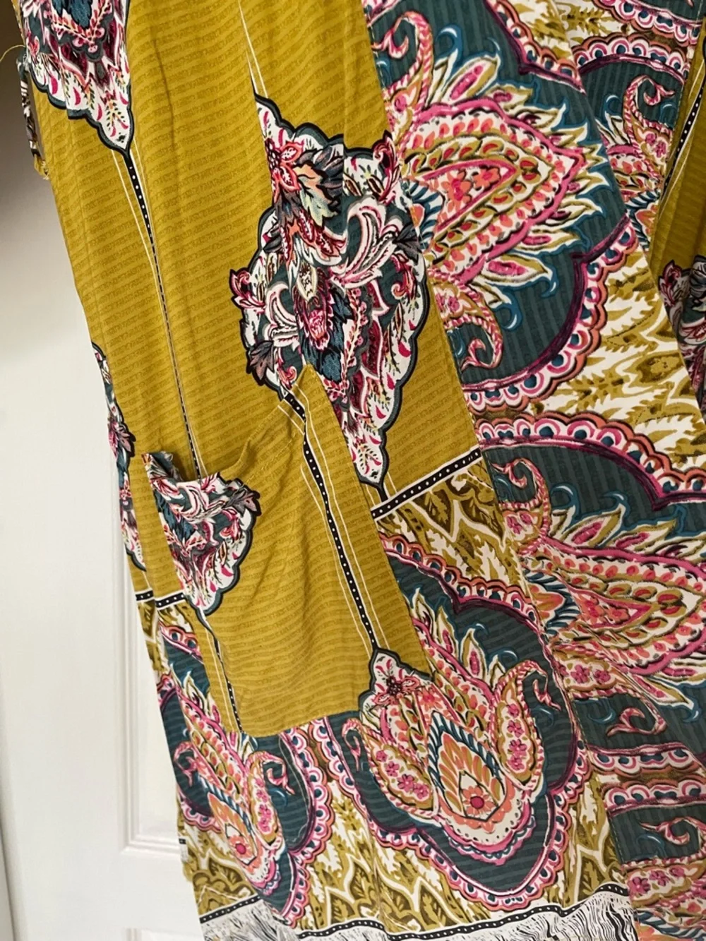 Jaase Mustard Yellow Olive Paisley Kimono Robe Cover-Up Duster M - Picture 2 of 10
